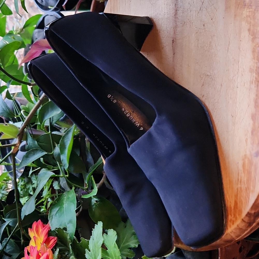 8.5B Black Stretch Nylon Backseam Stuart Weitzman Square-Toe Block Heel Pumps